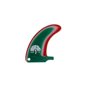 Green and red surf fin with a logo on a white background