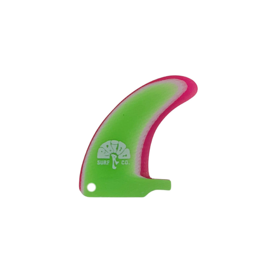 Green and pink surf fin with a brand logo on a white background