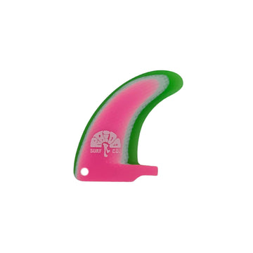 Pink and green surf fin with a brand logo on a white background