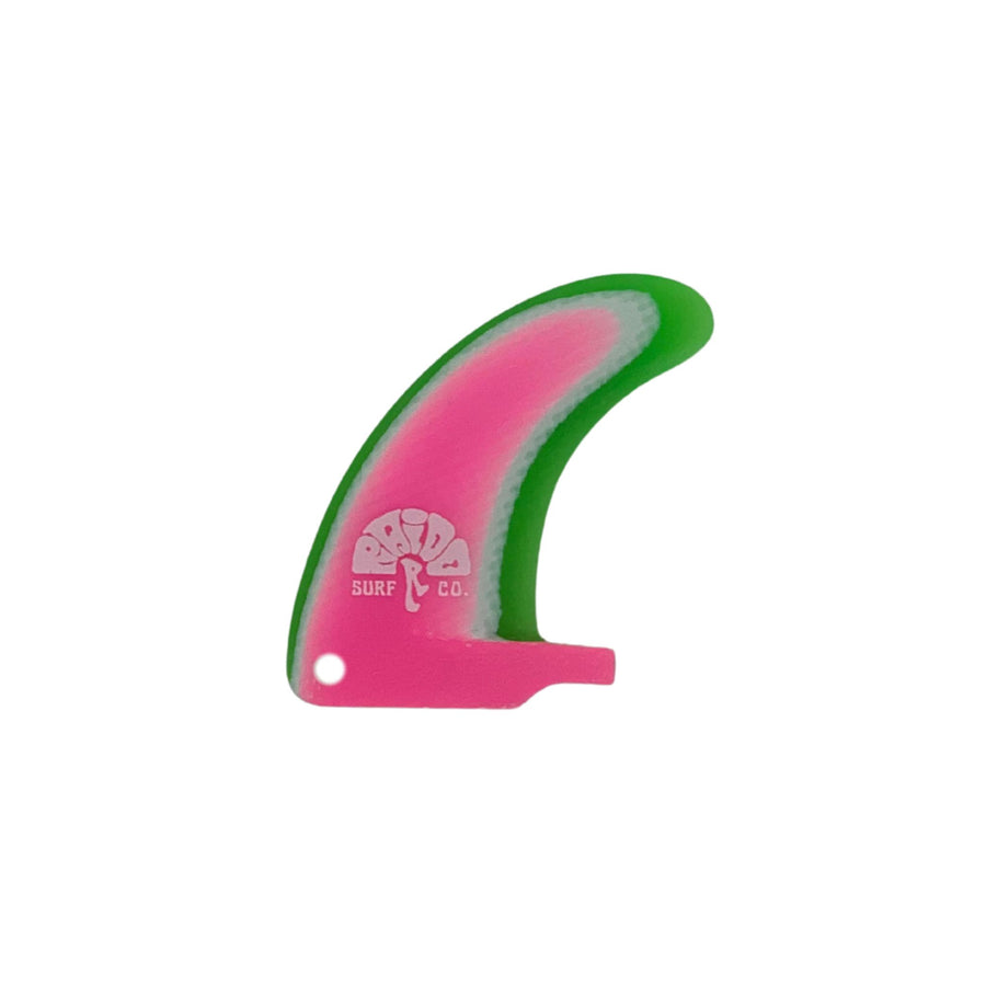 Pink and green surf fin with a brand logo on a white background